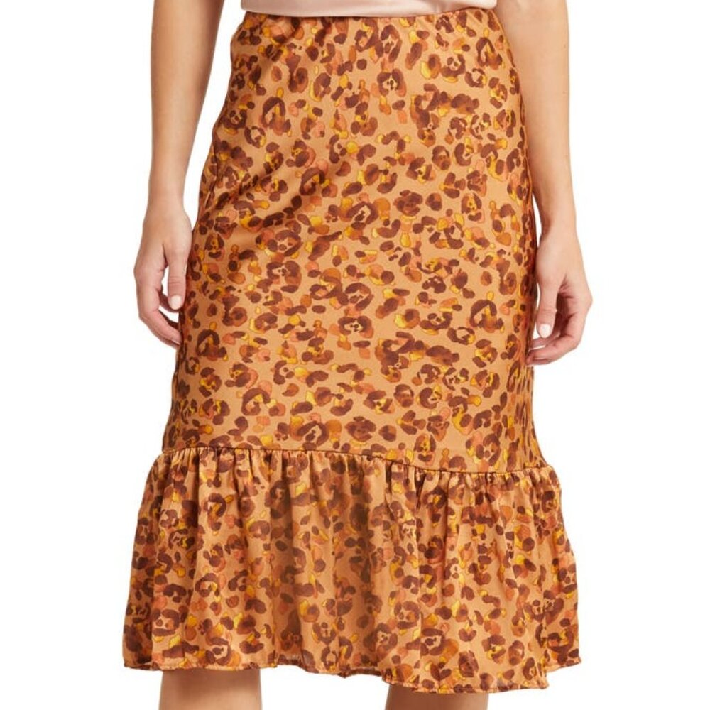 FORGOTTEN GRACE Satin Skirt Animal Print Flounce Cheetah Jaguar Leopard Caramel